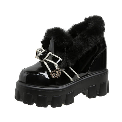 Women Winter Leather Chunky Ankle Boots 10.5CM High Heels British Style Platform Sneakers Woman Walking Trainers Sport Dad Shoes