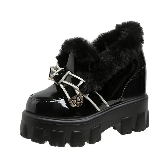Women Winter Leather Chunky Ankle Boots 10.5CM High Heels British Style Platform Sneakers Woman Walking Trainers Sport Dad Shoes