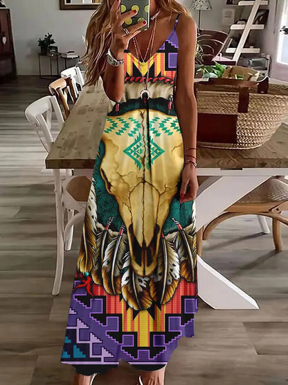AD | 2024 Ny 3D Uggla Vintage Print Ärmlös Vest Lång Kvinnor Tribal Mönster Spaghetti Strap Klänning Sommar Lång Lös Vest Klänningar