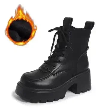 7CM New Winter Women Warm Snow Shoes Round Toe Chunky Heels Ankle Boots High Platform Leather Shoes for Women Combat Short Boots