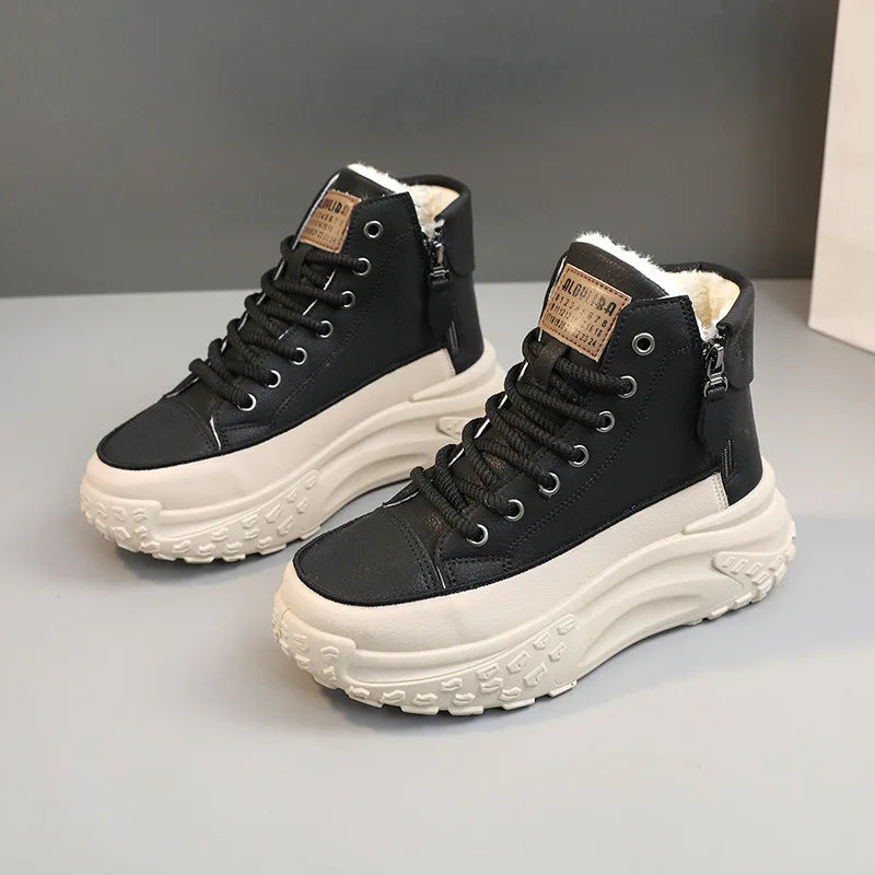 Double Zipper Chunky Sneakers Women 2024 Winter Thick Plush Warm Vulcanize Shoes Woman Fashion PU Leather Platform Sports Shoes