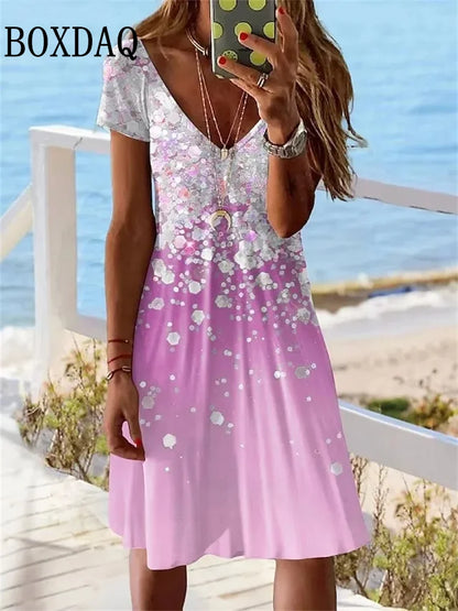 AD | 2024 Kortärmad klänning för kvinnor Ny klänning Sommartröja Mode Plus Size Klänning Casual Lös V-hals Ladies Sommartryck Partyklänning