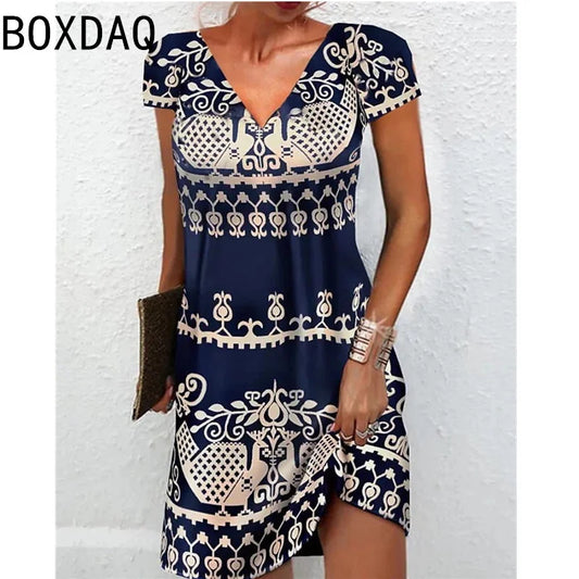 AD | 3D Vintage Elegant Etnisk Stil Tryckt Klänning Oversized Kortärmad V-Hals Casual A-Line Knälång Klänning Vestidos