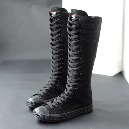 Canvas Long Boots for Women High Top Women Canvas Shoes Lace Up Knee High Boots Flats Casual Vulcanized Shoes Sneakers Girls