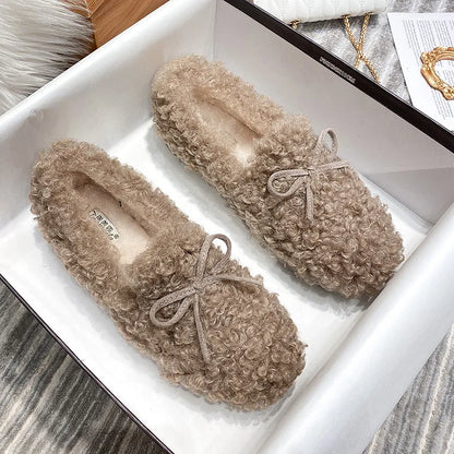 2025 Women's Plush Cotton Shoes for Autumn and Winter Wear Flat Shoes with Lamb Wool and Velvet Butterfly Knot Bean Single Shoes