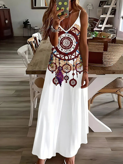 AD | 2024 Ny Vintage Etnisk Print Ladies Elegant Klänning Sommar Ladies Casual Ärmlös Klänning Street Fashion Ladies Lång Klänning