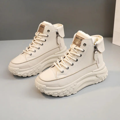 Double Zipper Chunky Sneakers Women 2024 Winter Thick Plush Warm Vulcanize Shoes Woman Fashion PU Leather Platform Sports Shoes