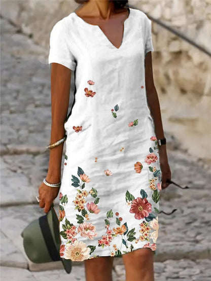 AD | 2024 Sommar Elegant Damklänning Oversize Tryckt V-Neck Klänningar Kvinna Vår Trendy Beach Mode Casual Lösa Kläder Damer