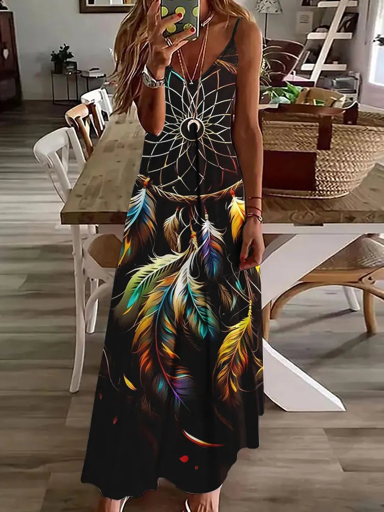 AD | 2024 Ny 3D Uggla Vintage Print Ärmlös Vest Lång Kvinnor Tribal Mönster Spaghetti Strap Klänning Sommar Lång Lös Vest Klänningar