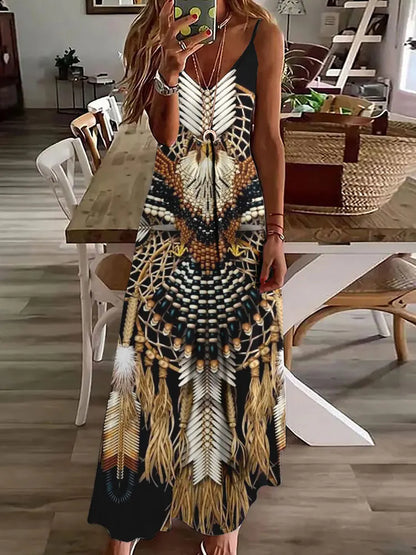 AD | 2024 Ny 3D Uggla Vintage Print Ärmlös Vest Lång Kvinnor Tribal Mönster Spaghetti Strap Klänning Sommar Lång Lös Vest Klänningar