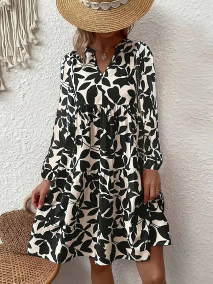AD | 2024 Ladies Sommar Elegant V-Neck Plisserad Linje Sundress Boho Print Mini Dress Casual Lös Oversize Beach Sundress