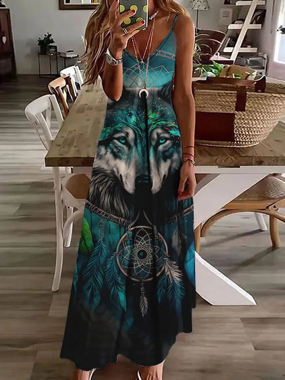 AD | 2024 Ny 3D Uggla Vintage Print Ärmlös Vest Lång Kvinnor Tribal Mönster Spaghetti Strap Klänning Sommar Lång Lös Vest Klänningar