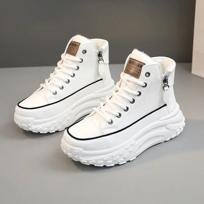 Double Zipper Chunky Sneakers Women 2024 Winter Thick Plush Warm Vulcanize Shoes Woman Fashion PU Leather Platform Sports Shoes