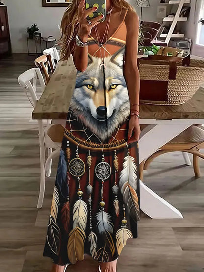 AD | 2024 Ny 3D Uggla Vintage Print Ärmlös Vest Lång Kvinnor Tribal Mönster Spaghetti Strap Klänning Sommar Lång Lös Vest Klänningar