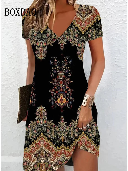 AD | Vintage Women Midiklänningar för 2024 Etnisk stil Blomstertryck Lös klänning Plus Size Casual Kortärmad Tröja V-Neck Klänning