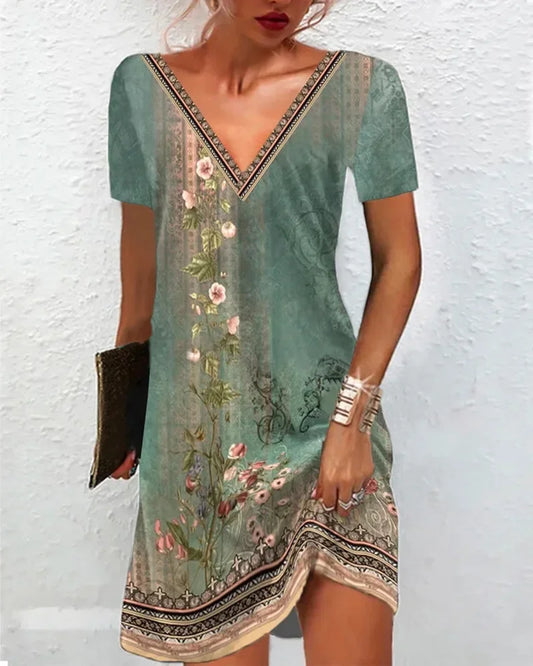 AD | 2024 Sommarklänning för kvinnor Boho V-hals Kortärmad Vintage Print Floral Dress Female Casual Holiday Beach Loose Dresses Vestidos