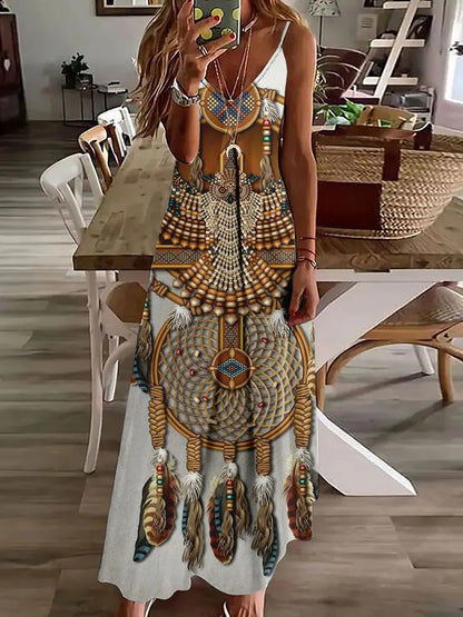AD | 2024 Ny 3D Uggla Vintage Print Ärmlös Vest Lång Kvinnor Tribal Mönster Spaghetti Strap Klänning Sommar Lång Lös Vest Klänningar