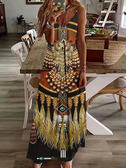 AD | 2024 Ny 3D Uggla Vintage Print Ärmlös Vest Lång Kvinnor Tribal Mönster Spaghetti Strap Klänning Sommar Lång Lös Vest Klänningar