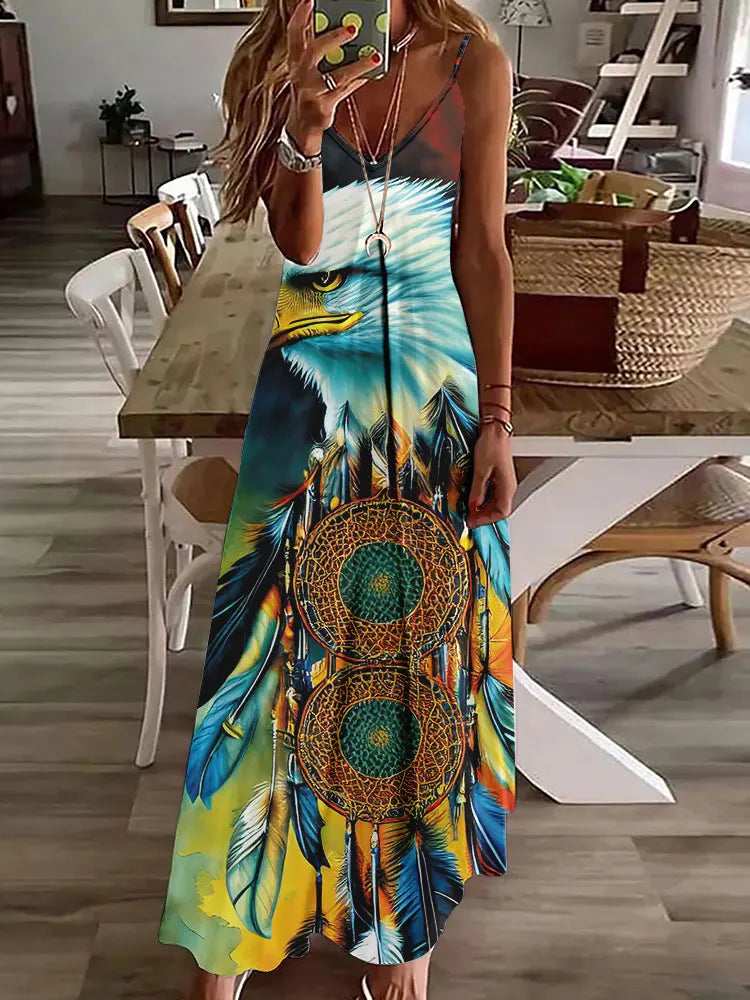 AD | 2024 Ny 3D Uggla Vintage Print Ärmlös Vest Lång Kvinnor Tribal Mönster Spaghetti Strap Klänning Sommar Lång Lös Vest Klänningar