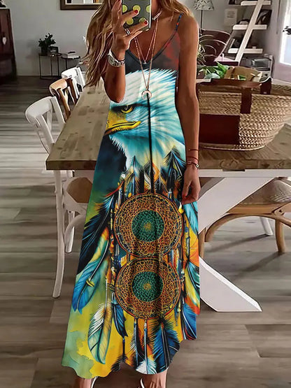 AD | 2024 Ny 3D Uggla Vintage Print Ärmlös Vest Lång Kvinnor Tribal Mönster Spaghetti Strap Klänning Sommar Lång Lös Vest Klänningar