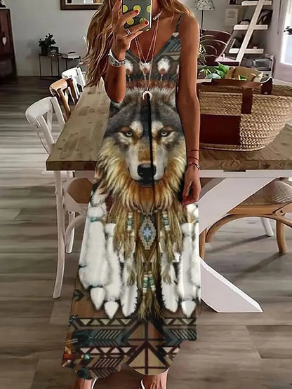 AD | 2024 Ny 3D Uggla Vintage Print Ärmlös Vest Lång Kvinnor Tribal Mönster Spaghetti Strap Klänning Sommar Lång Lös Vest Klänningar