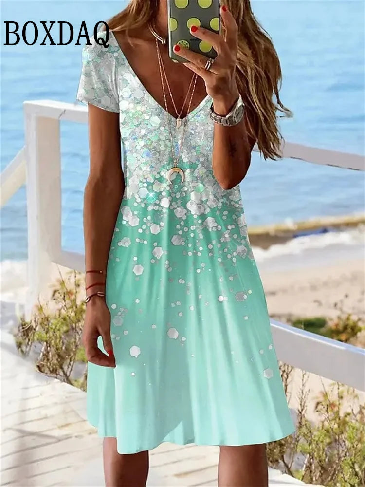 AD | 2024 Kortärmad klänning för kvinnor Ny klänning Sommartröja Mode Plus Size Klänning Casual Lös V-hals Ladies Sommartryck Partyklänning