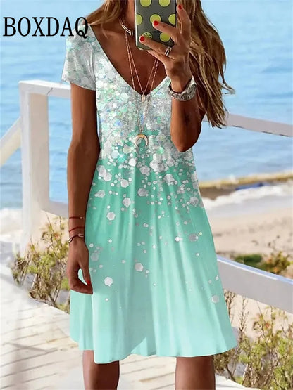 AD | 2024 Kortärmad klänning för kvinnor Ny klänning Sommartröja Mode Plus Size Klänning Casual Lös V-hals Ladies Sommartryck Partyklänning