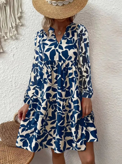 AD | 2024 Ladies Sommar Elegant V-Neck Plisserad Linje Sundress Boho Print Mini Dress Casual Lös Oversize Beach Sundress