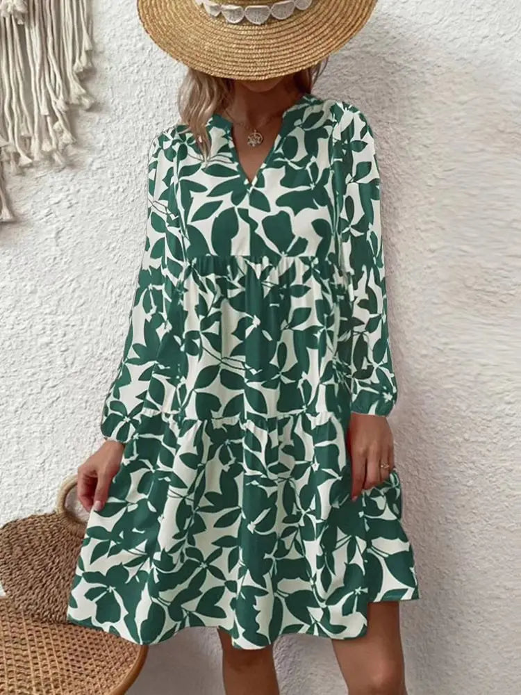 AD | 2024 Ladies Sommar Elegant V-Neck Plisserad Linje Sundress Boho Print Mini Dress Casual Lös Oversize Beach Sundress