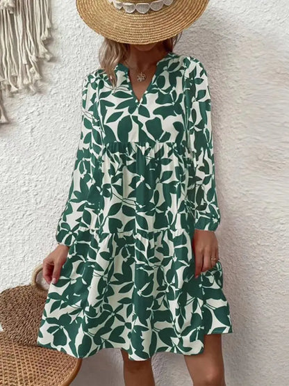 AD | 2024 Ladies Sommar Elegant V-Neck Plisserad Linje Sundress Boho Print Mini Dress Casual Lös Oversize Beach Sundress