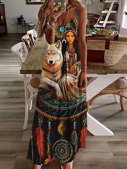 AD | 2024 Ny 3D Uggla Vintage Print Ärmlös Vest Lång Kvinnor Tribal Mönster Spaghetti Strap Klänning Sommar Lång Lös Vest Klänningar