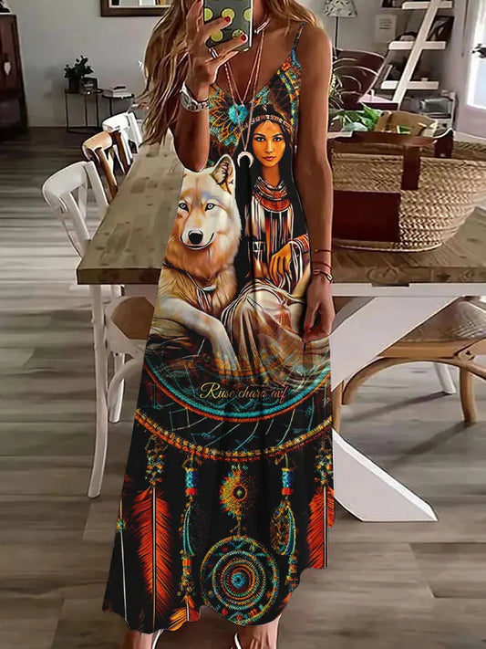 AD | 2024 Ny 3D Uggla Vintage Print Ärmlös Vest Lång Kvinnor Tribal Mönster Spaghetti Strap Klänning Sommar Lång Lös Vest Klänningar