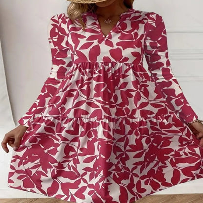 AD | 2024 Ladies Sommar Elegant V-Neck Plisserad Linje Sundress Boho Print Mini Dress Casual Lös Oversize Beach Sundress