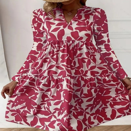 AD | 2024 Ladies Sommar Elegant V-Neck Plisserad Linje Sundress Boho Print Mini Dress Casual Lös Oversize Beach Sundress