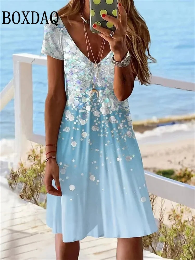 AD | 2024 Kortärmad klänning för kvinnor Ny klänning Sommartröja Mode Plus Size Klänning Casual Lös V-hals Ladies Sommartryck Partyklänning