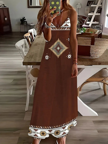 AD | 2024 Ny Vintage Etnisk Print Ladies Elegant Klänning Sommar Ladies Casual Ärmlös Klänning Street Fashion Ladies Lång Klänning