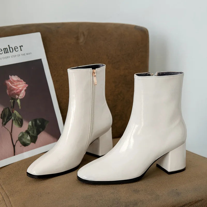 2024 Side Zipper White Ankle Boots for Women Stretch Middle Heel Large Size Short Boot Fashion Pointed Shoes