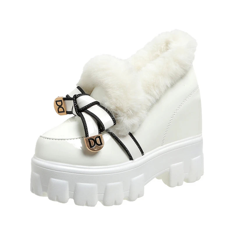 Women Winter Leather Chunky Ankle Boots 10.5CM High Heels British Style Platform Sneakers Woman Walking Trainers Sport Dad Shoes