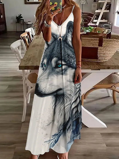 AD | 2024 Ny 3D Uggla Vintage Print Ärmlös Vest Lång Kvinnor Tribal Mönster Spaghetti Strap Klänning Sommar Lång Lös Vest Klänningar