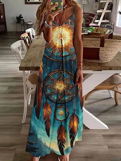 AD | 2024 Ny 3D Uggla Vintage Print Ärmlös Vest Lång Kvinnor Tribal Mönster Spaghetti Strap Klänning Sommar Lång Lös Vest Klänningar
