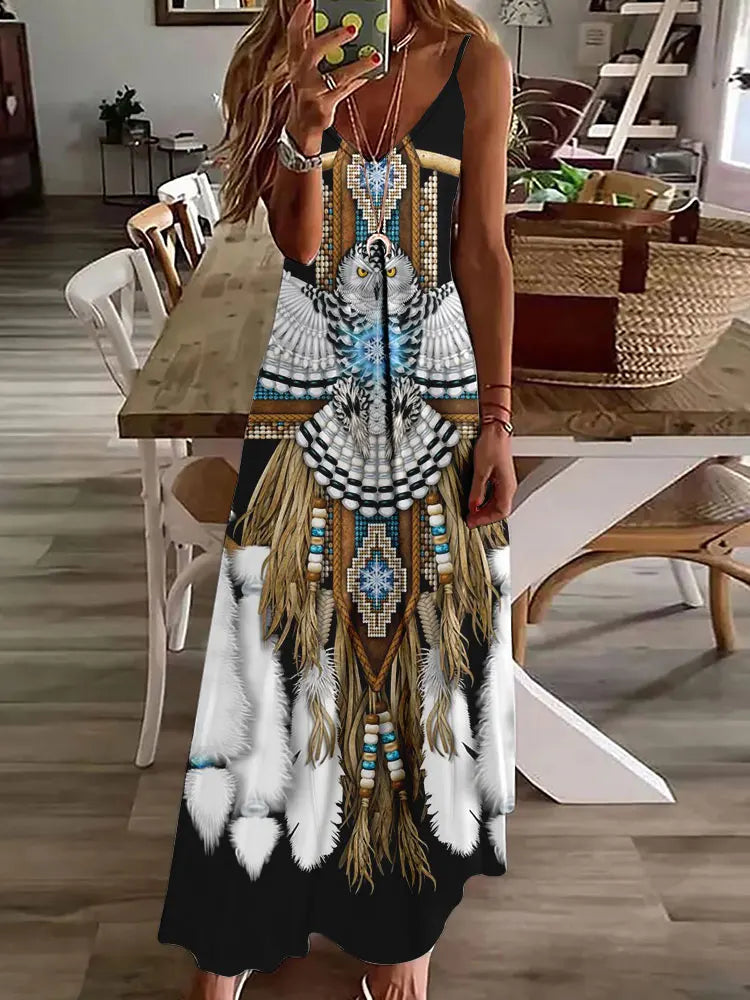 AD | 2024 Ny 3D Uggla Vintage Print Ärmlös Vest Lång Kvinnor Tribal Mönster Spaghetti Strap Klänning Sommar Lång Lös Vest Klänningar