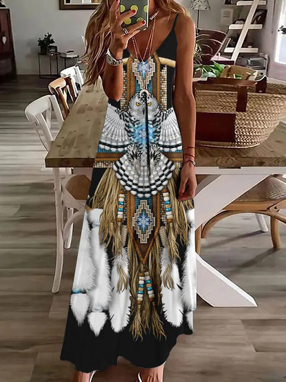 AD | 2024 Ny 3D Uggla Vintage Print Ärmlös Vest Lång Kvinnor Tribal Mönster Spaghetti Strap Klänning Sommar Lång Lös Vest Klänningar