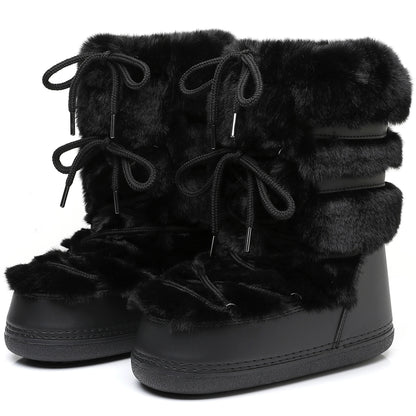 2025 Winter White Mid-calf Boots Women Fur Boots Brand Luxury Fluffy Fur Snow Boots Female Thick Fur Non-slip Cotton Boots