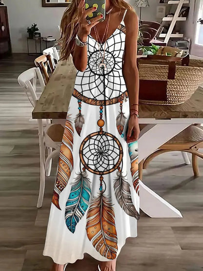AD | 2024 Ny 3D Uggla Vintage Print Ärmlös Vest Lång Kvinnor Tribal Mönster Spaghetti Strap Klänning Sommar Lång Lös Vest Klänningar