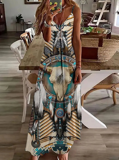 AD | 2024 Ny 3D Uggla Vintage Print Ärmlös Vest Lång Kvinnor Tribal Mönster Spaghetti Strap Klänning Sommar Lång Lös Vest Klänningar