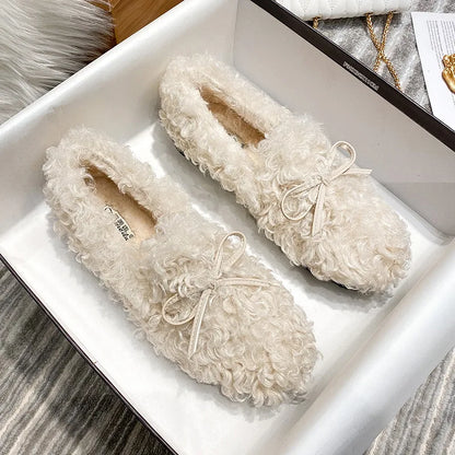 2025 Women's Plush Cotton Shoes for Autumn and Winter Wear Flat Shoes with Lamb Wool and Velvet Butterfly Knot Bean Single Shoes