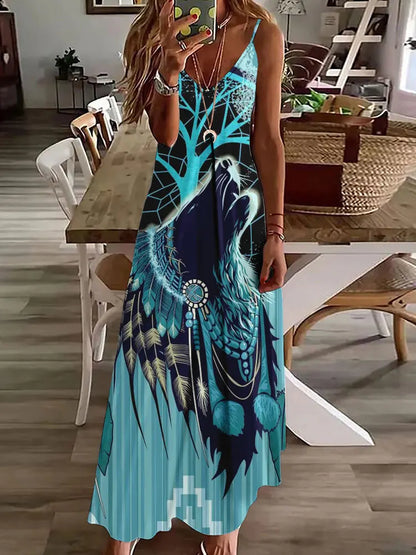 AD | 2024 Ny 3D Uggla Vintage Print Ärmlös Vest Lång Kvinnor Tribal Mönster Spaghetti Strap Klänning Sommar Lång Lös Vest Klänningar