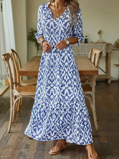 AD | 2024 Europeiska och amerikanska gränsöverskridande AliExpress höst och vinter fashionista söt lös V-ringad tryck midjeärmad lång klänning