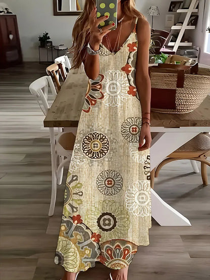 AD | 2024 Ny Vintage Etnisk Print Ladies Elegant Klänning Sommar Ladies Casual Ärmlös Klänning Street Fashion Ladies Lång Klänning