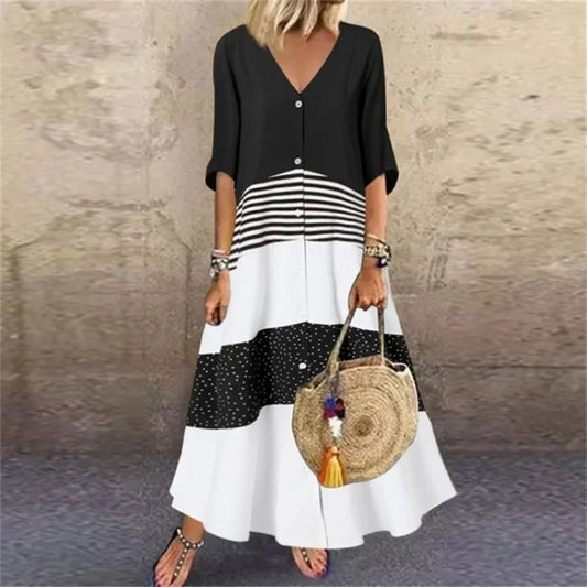 AD | 2025 Spring Oversize Women's Long Dress Print V-Neck Short Sleeve Button Loose A-Line Dresses Female Casual Elegant Women's Clothing